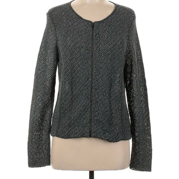 Eileen Fisher Women’s Cardigan Size M Gray Melange Knit Fisherman Full Zip FLAW - Picture 1 of 6